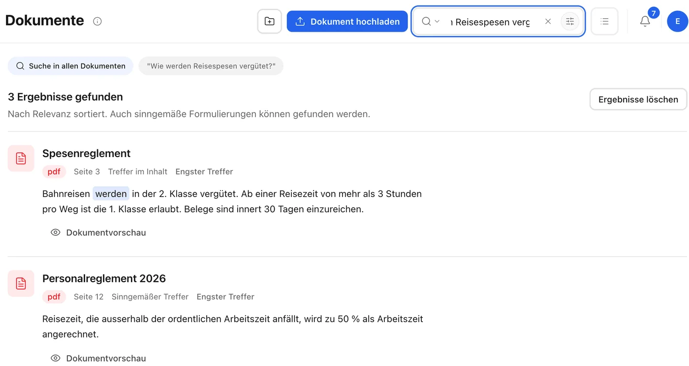 Suche in allen Dokumenten: sinngemässe Treffer im Spesenreglement und im Personalreglement, mit Seite und Fundstelle