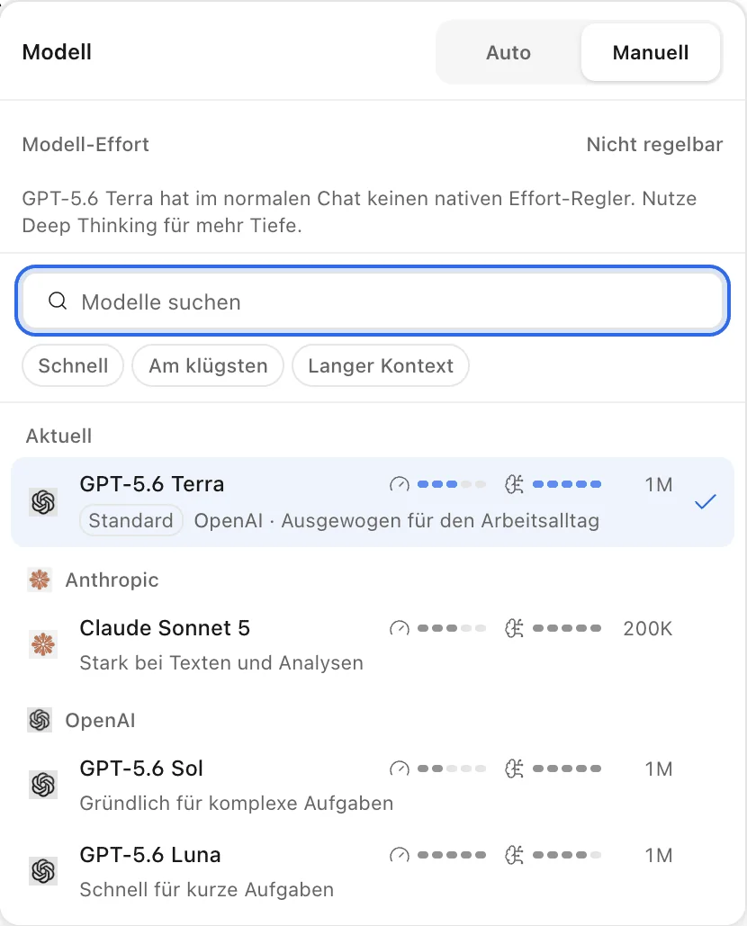 Modellauswahl im Chat: GPT-5.6 Terra, Claude Sonnet 5, GPT-5.6 Sol und Luna mit Tempo, Tiefe und Kontextlänge
